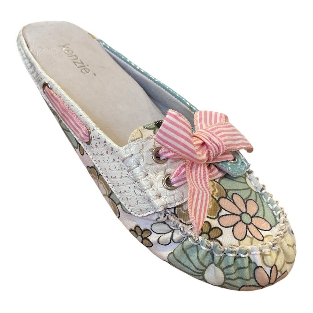 NWT 90s KENZIE CLOTH PASTEL FLORAL FLAT CLOGS W PINK & WHITE STRIPED BOWS SZ 8 - Picture 3 of 5